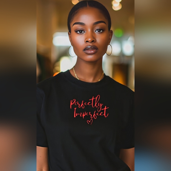 Black "Perfectly Imperfect" Graphic Tee with Red Text - Picture 1 of 3